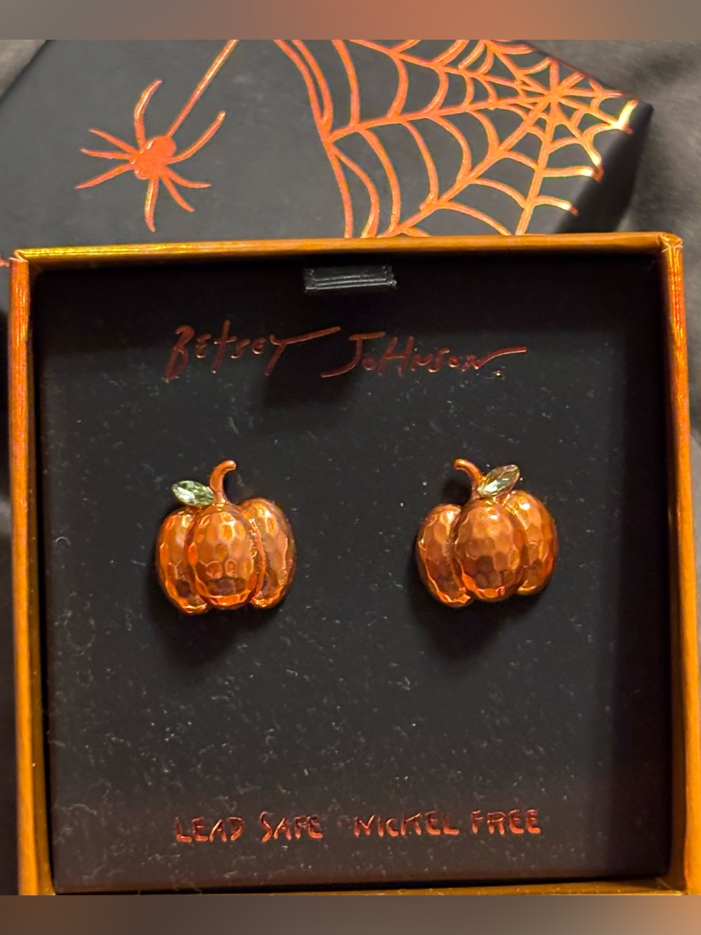 NWT•Betsey Johnson Metallic Orange Pumpkin Stud Earrings with Green Leaf Accent